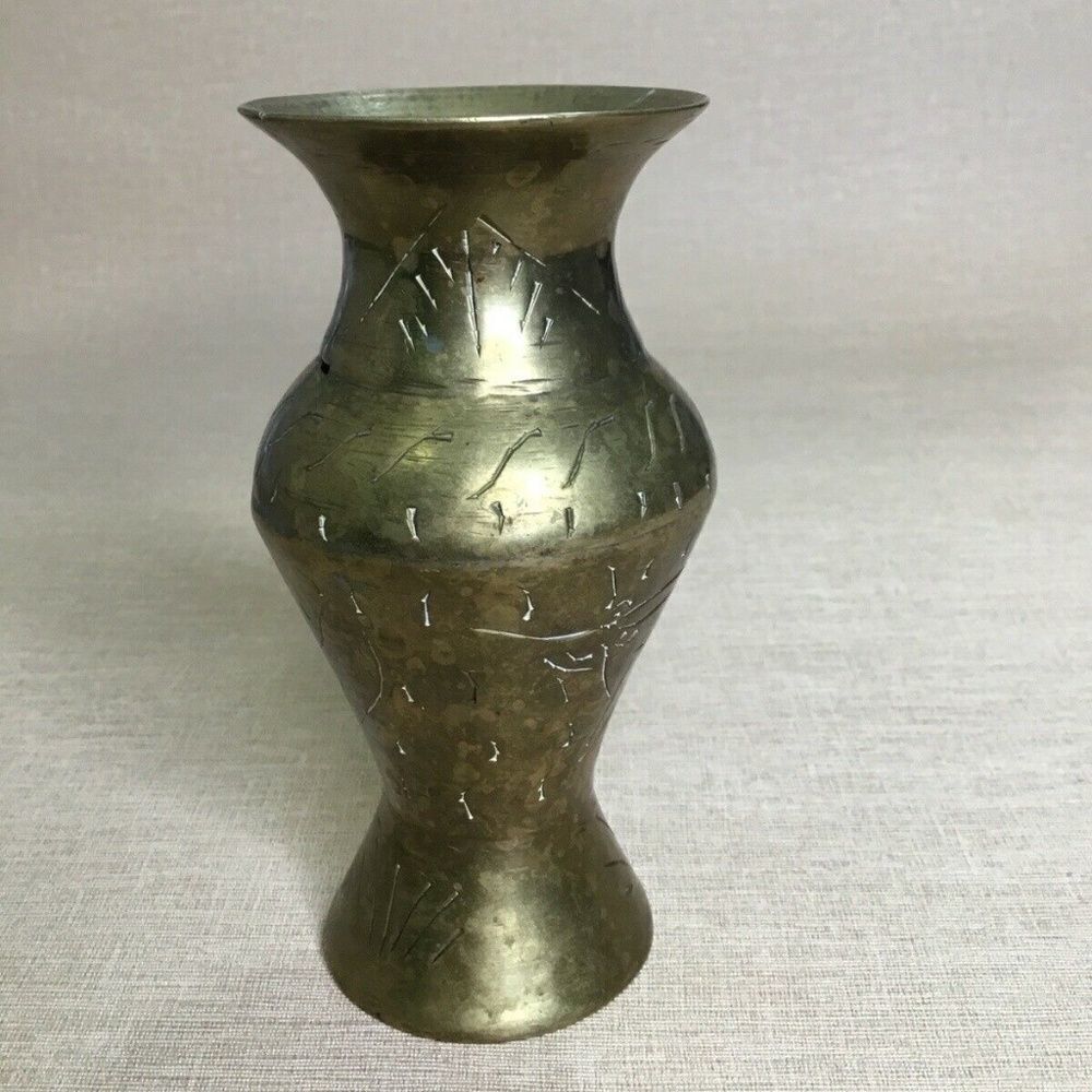 Old Antique Solid Brass Vase Flower Holder With Sign In Looks Very Old